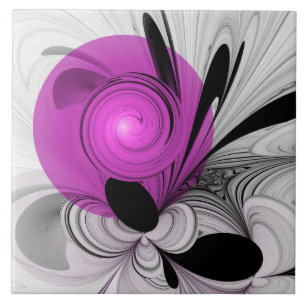 Abstract Black Grey With Magenta Fractal Art Ceramic Tile