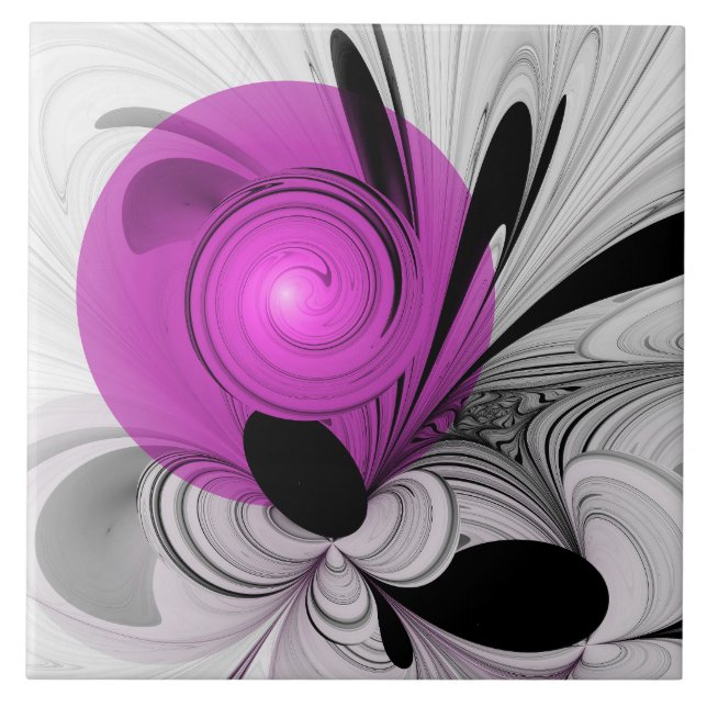 Abstract Black Grey With Magenta Fractal Art Ceramic Tile (Front)