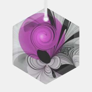 Abstract Black Grey With Magenta Fractal Art Glass Tree Decoration