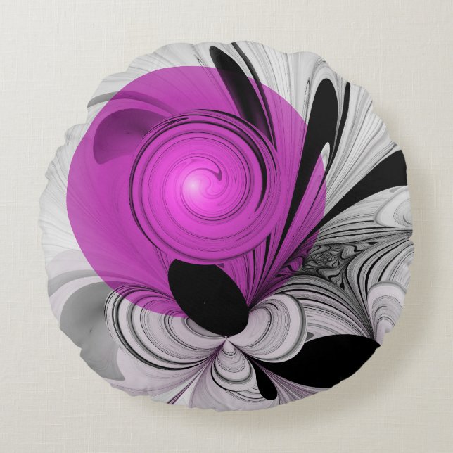 Abstract Black Grey With Magenta Fractal Art Round Cushion (Front)