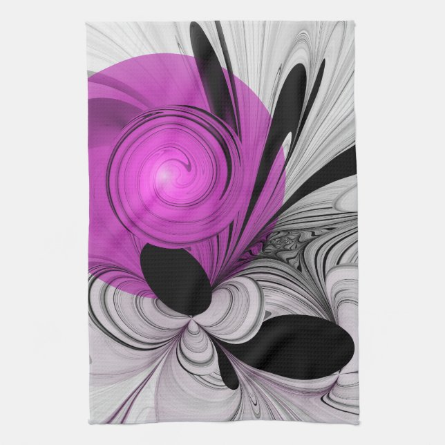 Abstract Black Grey With Magenta Fractal Art Tea Towel (Vertical)
