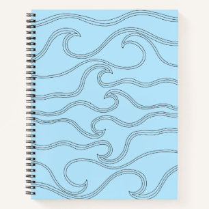 Abstract black line art waves sea blue background notebook