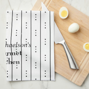 Abstract Black Lines & Dots on White Design Kitche Tea Towel
