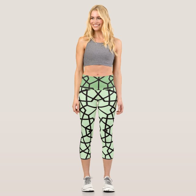 Abstract black lines pattern on light green capri leggings (Front)