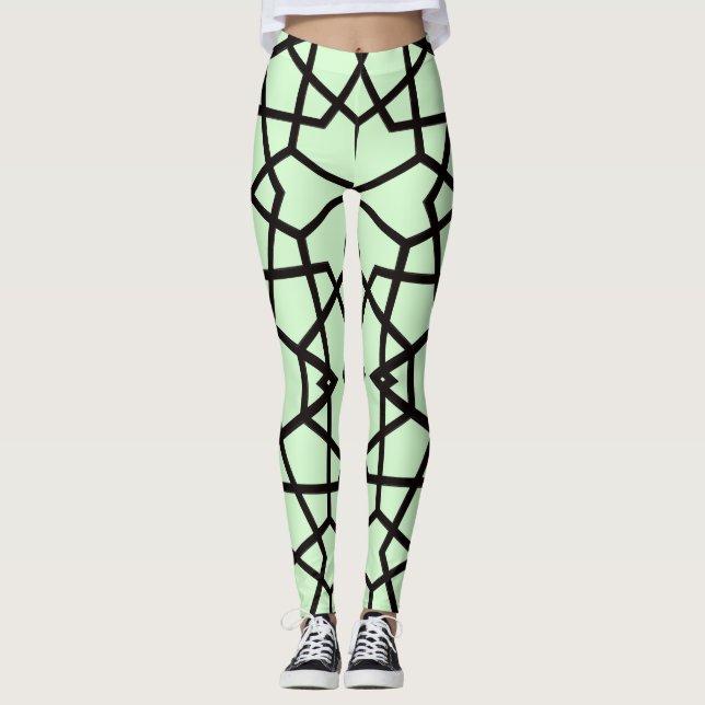 Abstract black lines pattern on light green leggings (Front)
