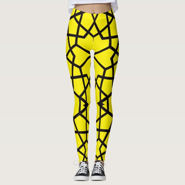 Abstract black lines pattern on pristine yellow leggings (Front)