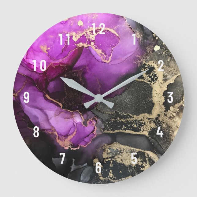 Abstract Black Magenta Pink Gold Large Clock (Front)