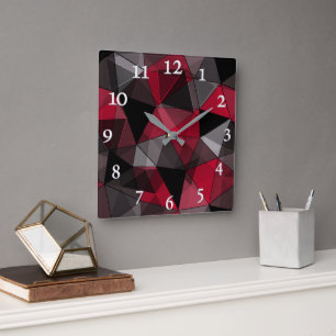 Abstract Black, red, grey geometric. Square Wall Clock
