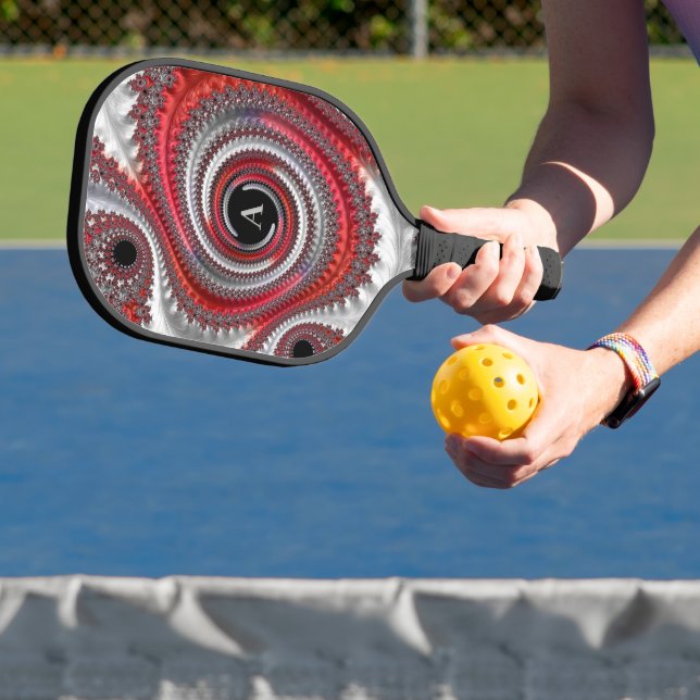 Abstract Black Red Spiral Fractal Monogram Pickleball Paddle (Insitu)