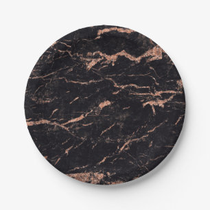 Abstract Black Rose Gold Glitter Marble Glam Vip Paper Plate