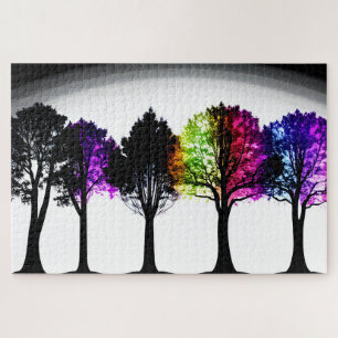 Abstract Black Silhouette Trees and Colored Leaves Jigsaw Puzzle