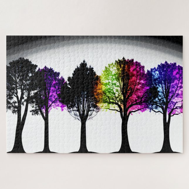 Abstract Black Silhouette Trees and Coloured Leave Jigsaw Puzzle (Horizontal)