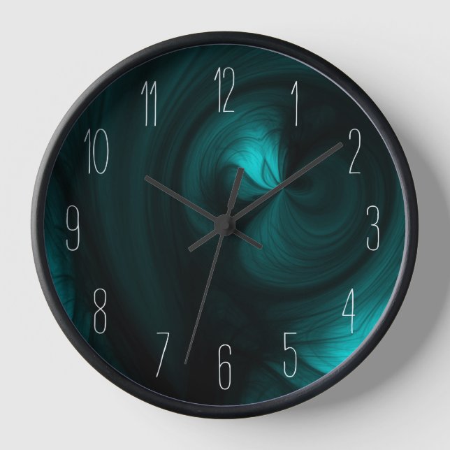 Abstract Black Smoke Swirl - Teal Clock (Front)
