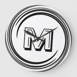 Abstract Black Swirl Monogram Large Clock