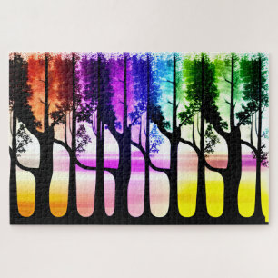 Abstract Black Tree Silhouettes in Rainbow Forest Jigsaw Puzzle