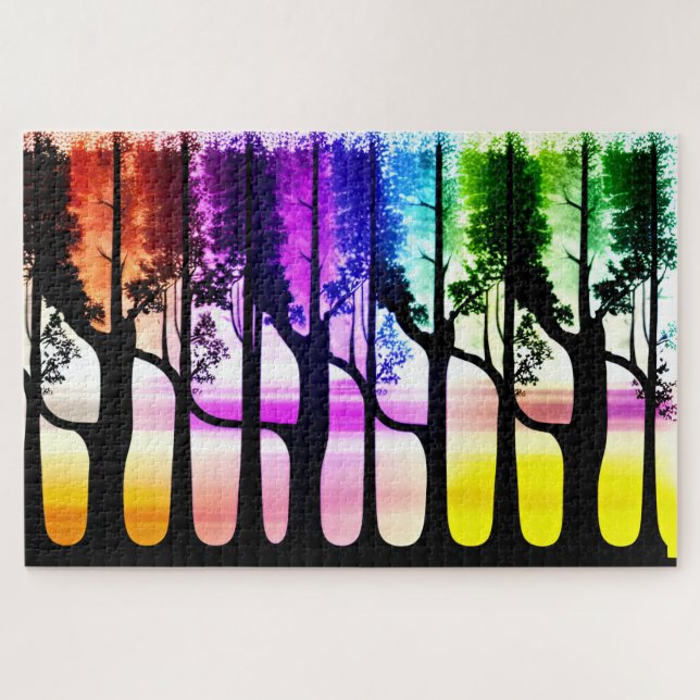Abstract Black Tree Silhouettes in Rainbow Forest Jigsaw Puzzle (Horizontal)