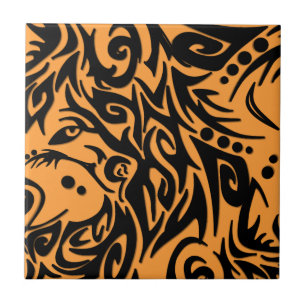 Abstract Black Tribal Design on Orange Ceramic Tile