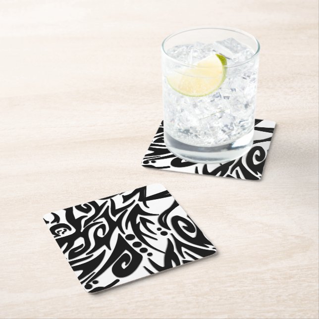 Abstract Black Tribal Square Paper Coaster (Insitu)
