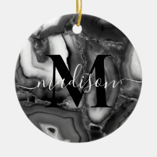 Abstract Black White agates geode monogram script  Ceramic Ornament