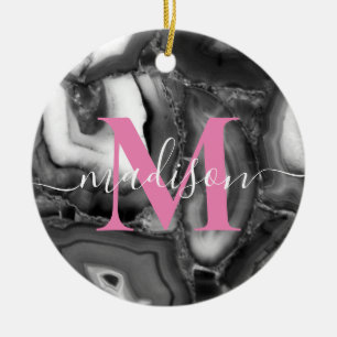 Abstract Black White agates geode monogram script  Ceramic Ornament