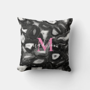 Abstract Black White agates geode monogram script  Cushion