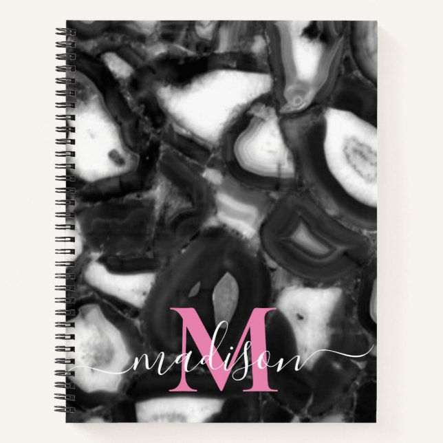 Abstract Black White agates geode monogram script  Notebook (Front)