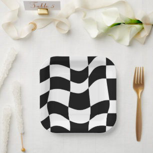 Abstract Black & White Chequered Paper Plates