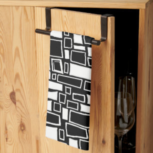 Abstract Black White Geometric Tiles Tea Towel