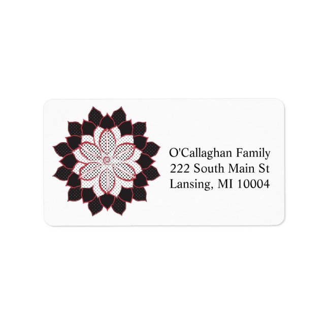 Abstract black, white, red polka dots poinsettia label (Front)