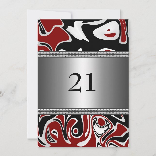 Abstract Black White Red Silver Trim 21st Birthday Invitation (Front)