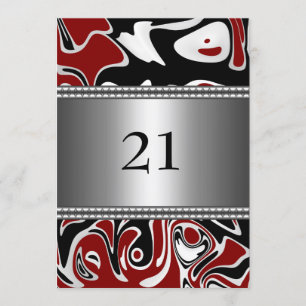Abstract Black White Red Silver Trim 21st Birthday Invitation