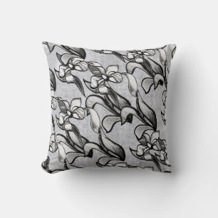 Abstract black white shine flowers on silver cushion