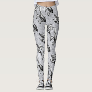 Abstract black white shine flowers on silver paper leggings