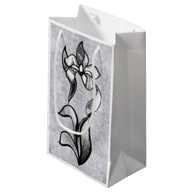 Abstract black white shine flowers on silver paper small gift bag (Front Angled)