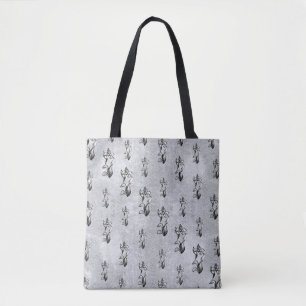 Abstract black white shine flowers on silver tote bag