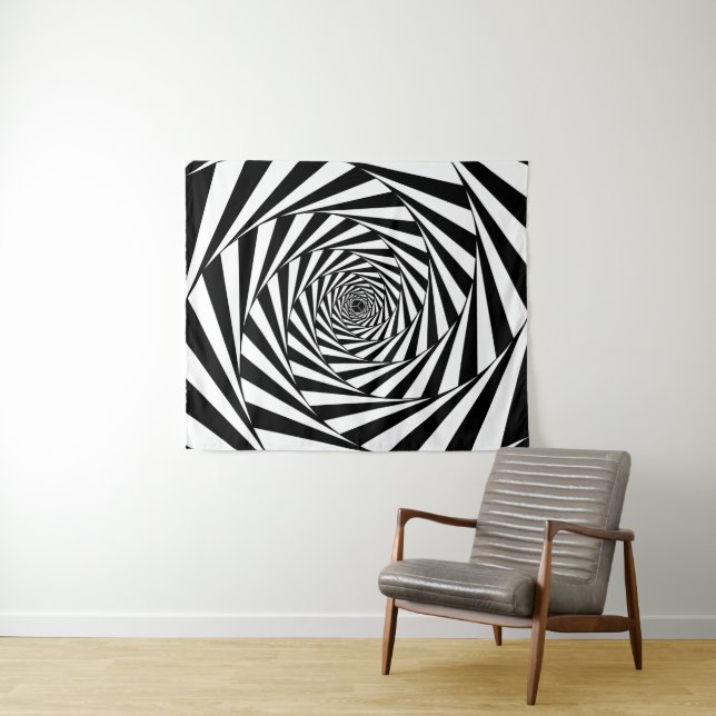 Abstract Black & White Swirl Spiral Stairway Tapestry (In Situ (Horizontal))
