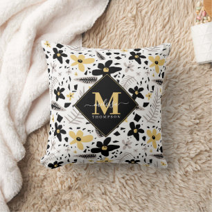 Abstract Black Yellow Grey Floral Monogramed Cushion
