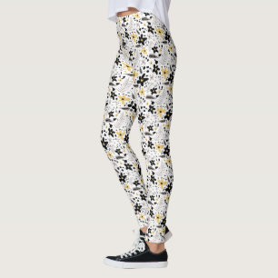 Abstract Black Yellow Grey Floral Pattern Leggings