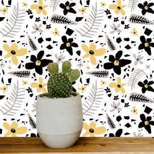 Abstract Black Yellow Grey Seamless Floral Pattern Ceramic Tile