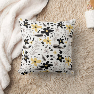 Abstract Black Yellow Grey Seamless Floral Pattern Cushion