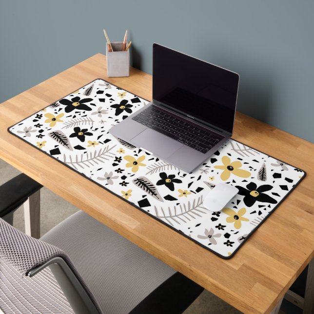 Abstract Black Yellow Grey Seamless Floral Pattern Desk Mat (Office 2)