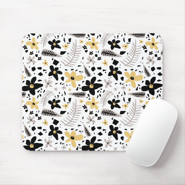 Abstract Black Yellow Grey Seamless Floral Pattern Mouse Pad (With Mouse)