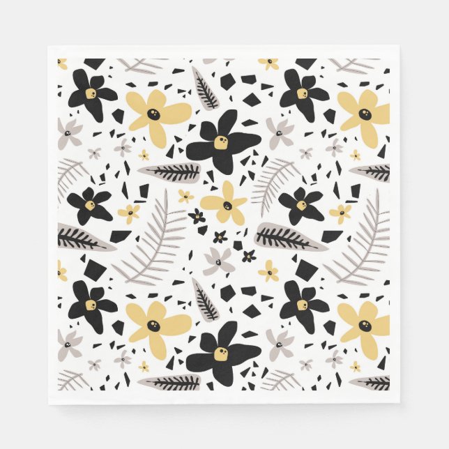 Abstract Black Yellow Grey Seamless Floral Pattern Napkin (Front)