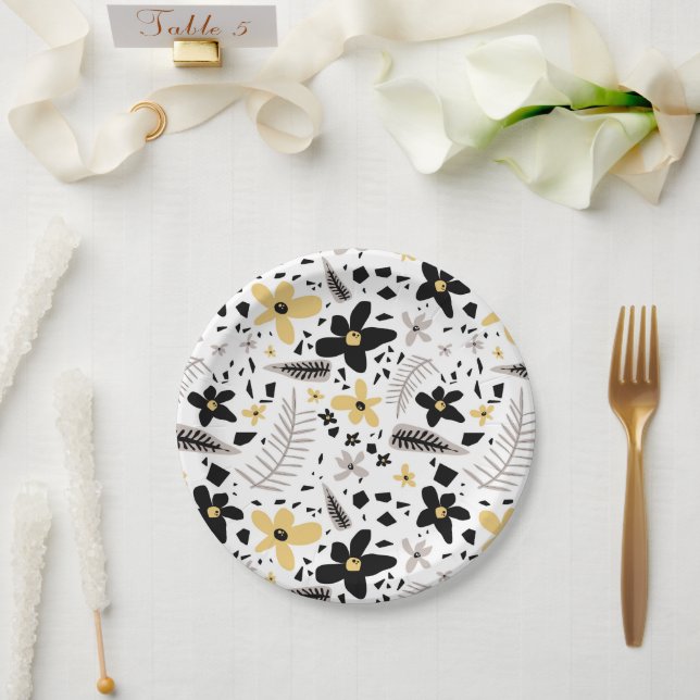 Abstract Black Yellow Grey Seamless Floral Pattern Paper Plate (Wedding)
