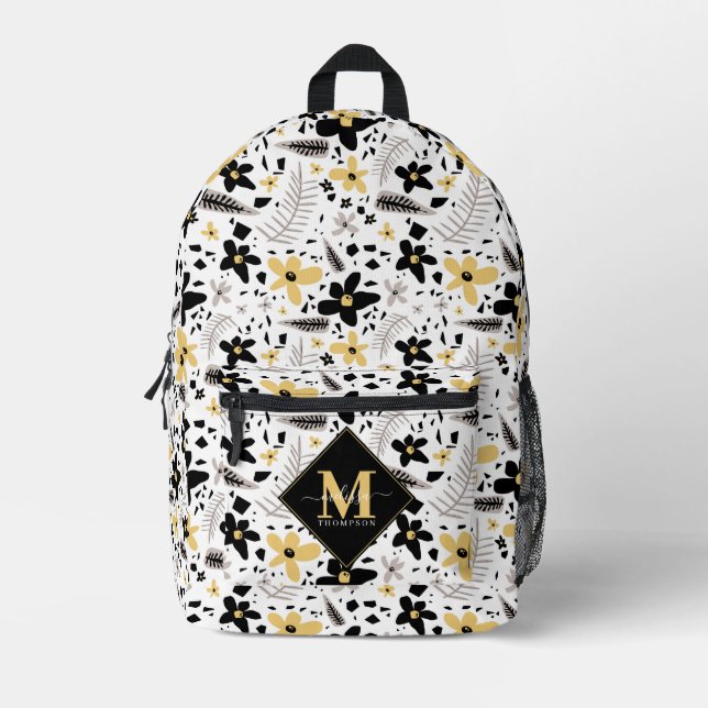 Abstract Black Yellow Grey Seamless Floral Pattern Printed Backpack (Front)
