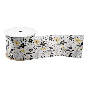 Abstract Black Yellow Grey Seamless Floral Pattern Satin Ribbon