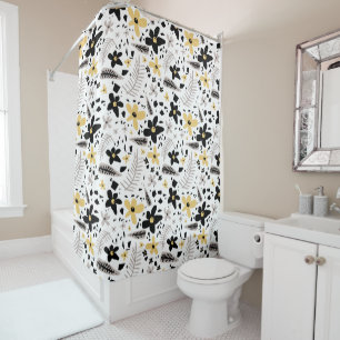 Abstract Black Yellow Grey Seamless Floral Pattern Shower Curtain