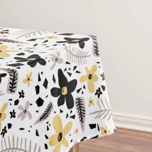 Abstract Black Yellow Grey Seamless Floral Pattern Tablecloth (In Situ)