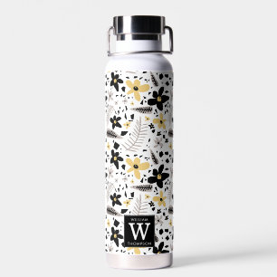 Abstract Black Yellow Grey Seamless Floral Pattern Water Bottle