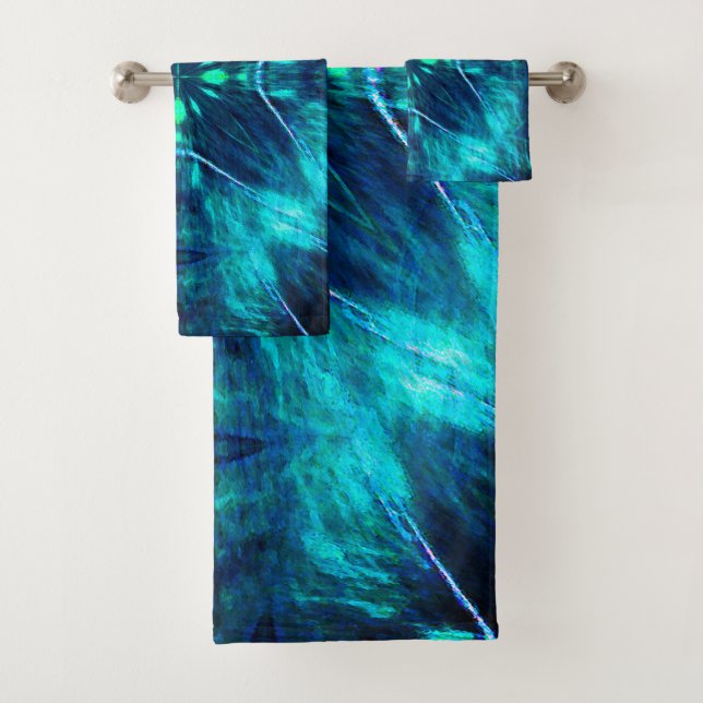 Abstract Bloom Aqua and Blue Fractal Design Bath Towel Set (Insitu)